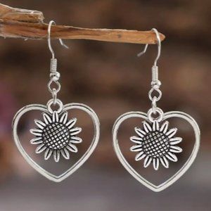 Silver Plated Hollow Heart and Sunflower Earrings